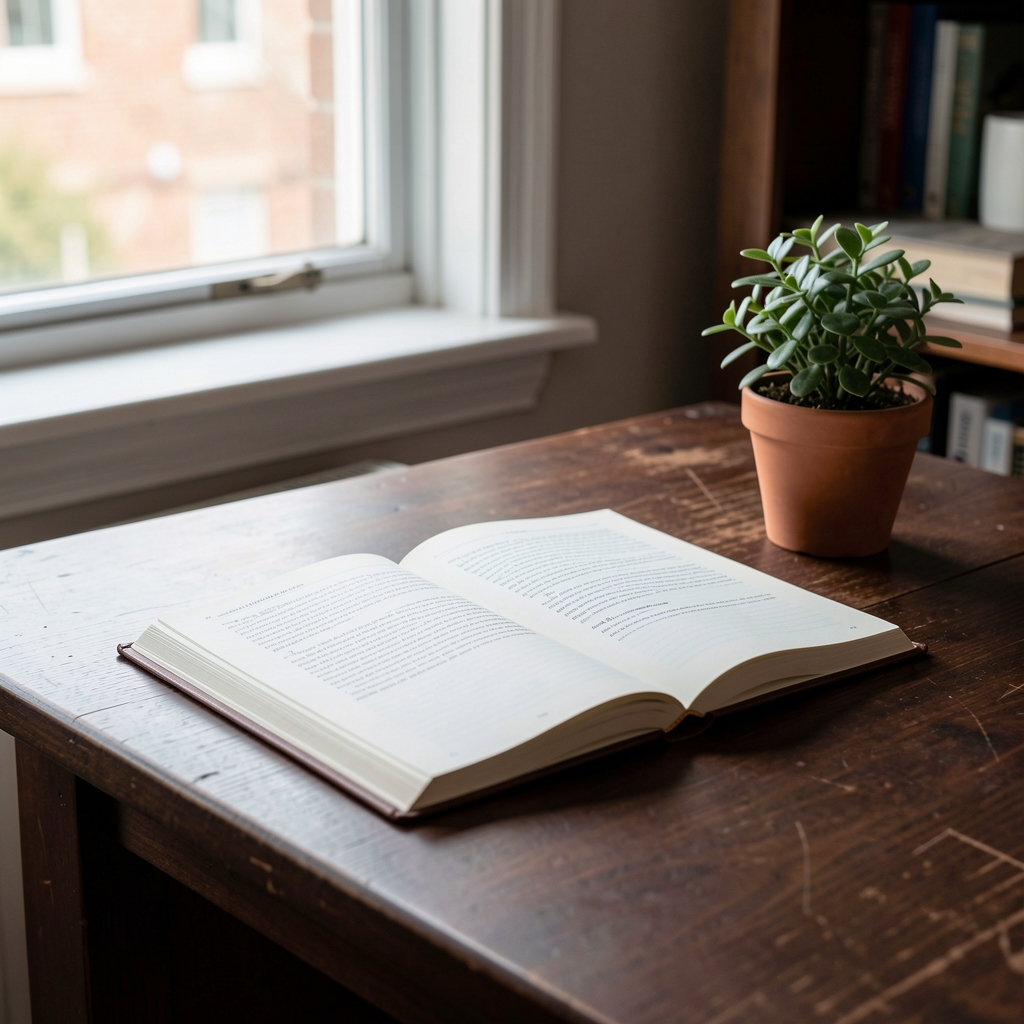 Open editorial notebook on a dark wooden desk with a small potted plant and morning window light, representing the editorial research process