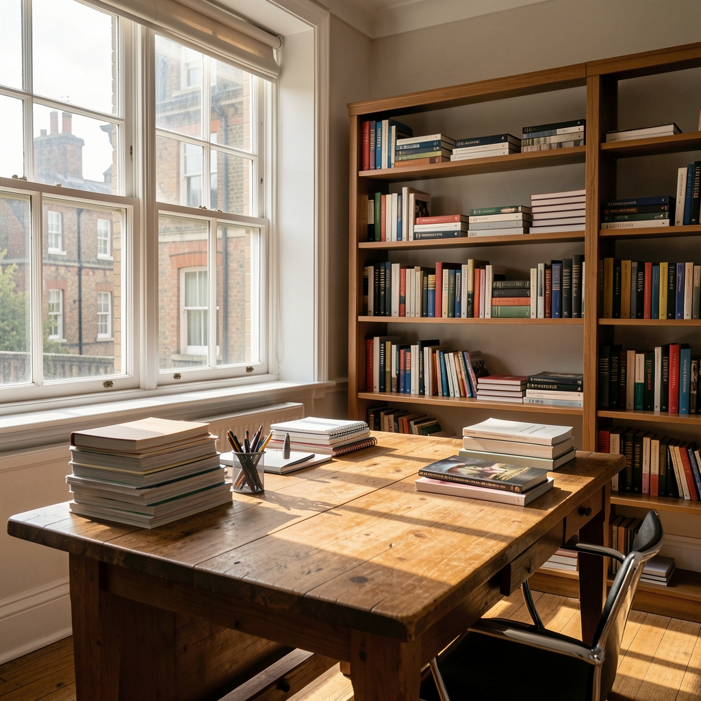 London editorial office interior with large windows and natural daylight falling across a wooden desk with books and notebooks stacked neatly on shelves behind