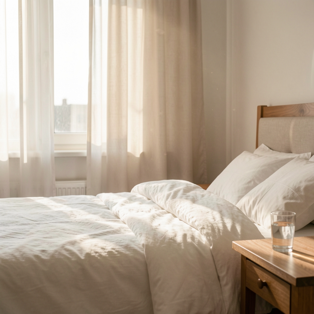 Soft morning light entering a bedroom through half-open curtains with a white duvet visible and a glass of water on the bedside table, representing morning energy after sleep
