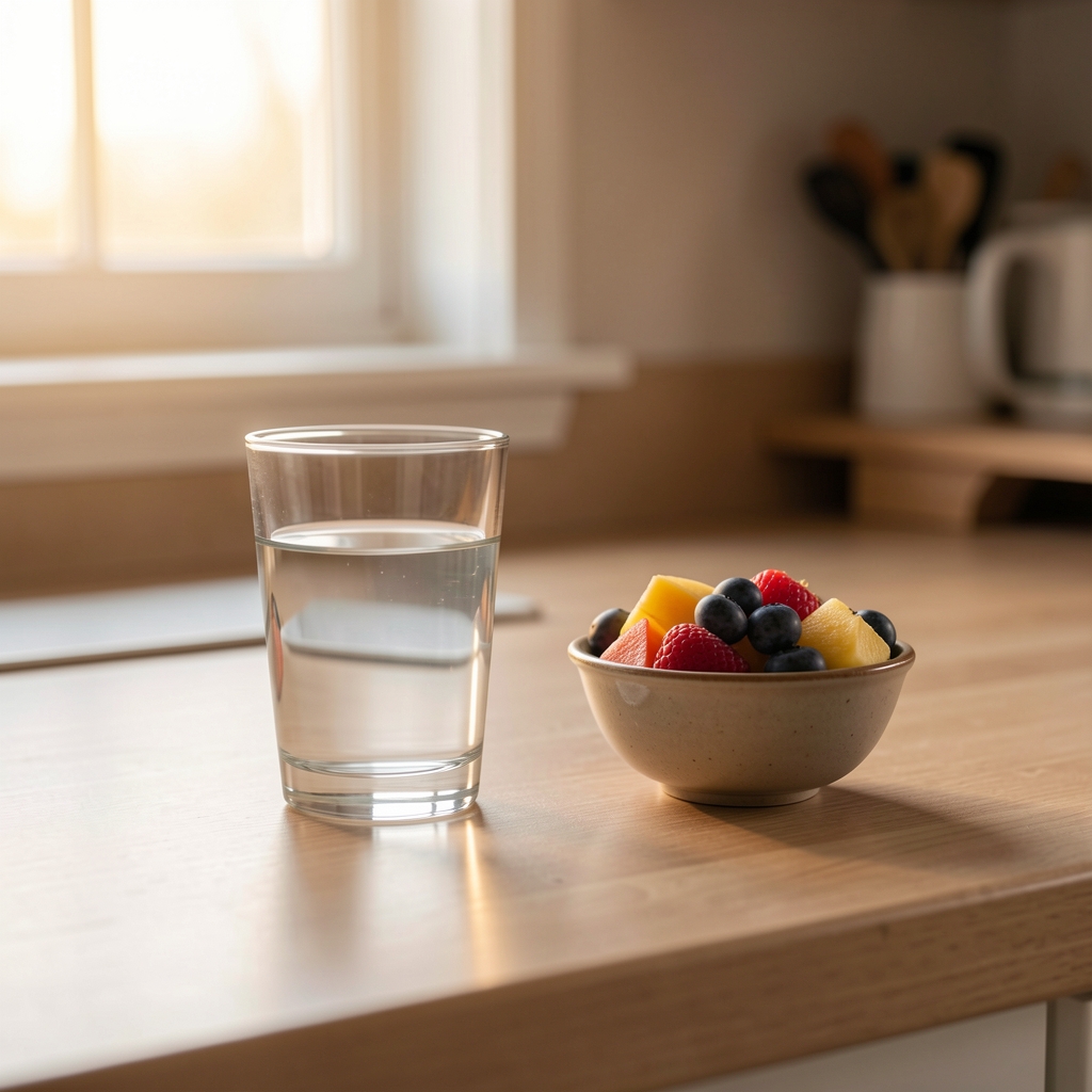A simple kitchen counter at dawn with a glass of water and a small bowl of fruit, representing mindful morning eating after restorative sleep