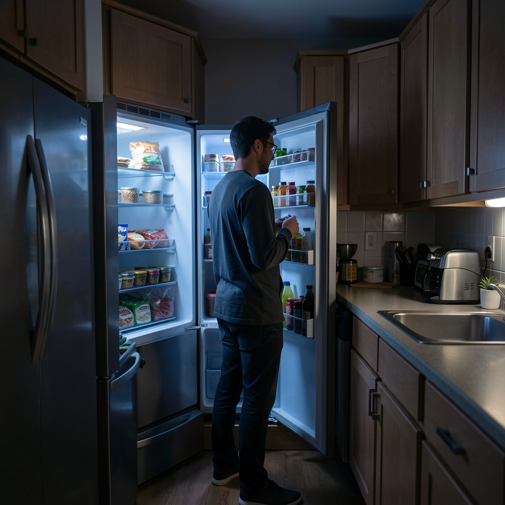 Dimly lit kitchen at midnight with an open refrigerator casting blue-white light on a person standing and looking inside, representing late-night eating patterns