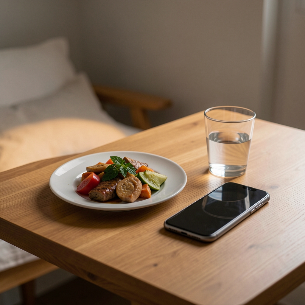 A simple evening table setting with a small plate of food, a glass of water, and a phone turned face-down, representing a structured final meal before consistent sleep onset