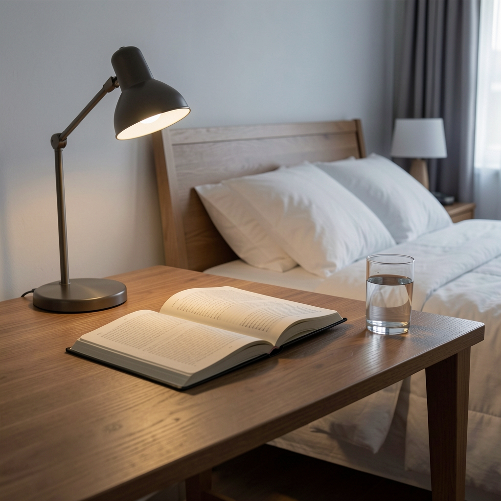Serene bedroom workspace with a dim reading light, open journal on a wooden desk, and a glass of water beside it representing a structured wind-down routine before sleep