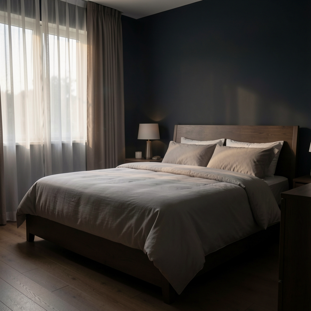 Dark bedroom with soft natural light filtering through curtains onto a neatly made bed in the early morning hours
